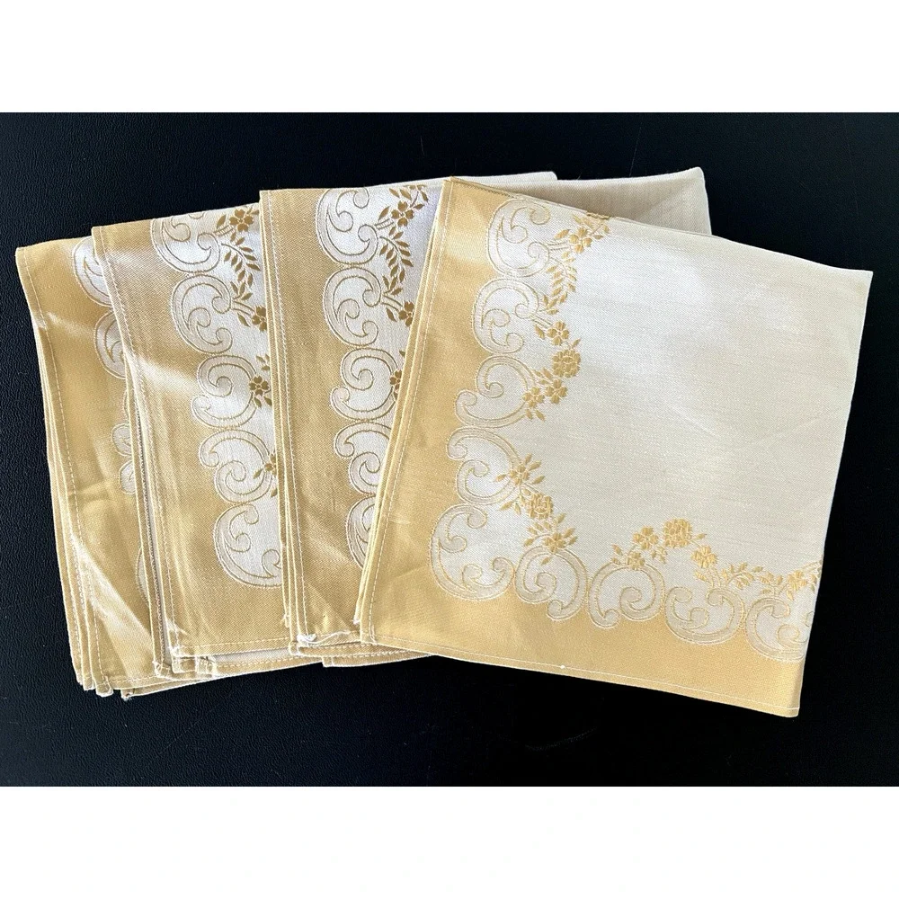 Set of 4 Vintage CREAM & GOLD FLORAL DAMASK NAPKINS 16.5